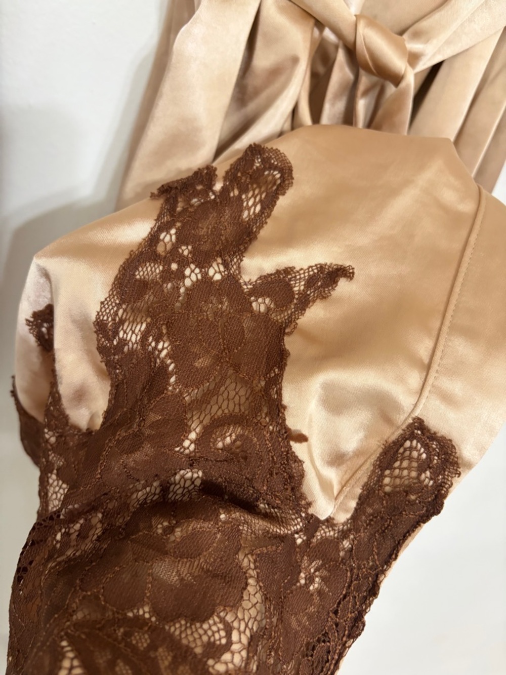 12th Tribe Beige Wrap Robe with Brown Lace Trim - Picture 10 of 16